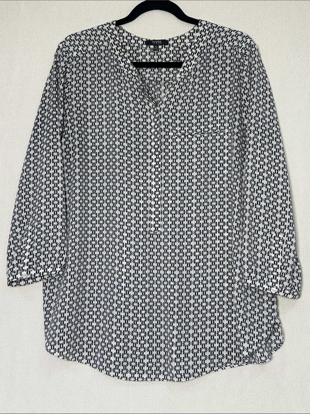 NYDJ Black and White Geometric Split-Neck Tunic